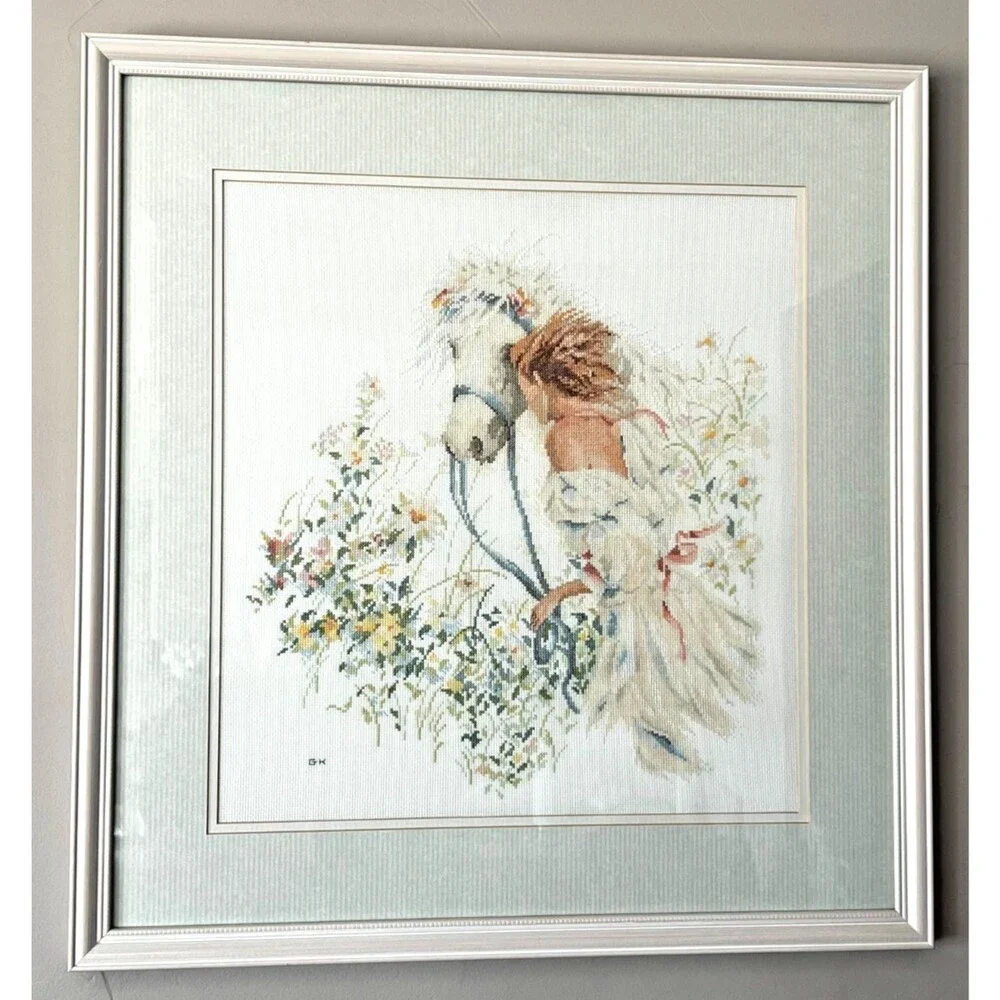 Vtg Handmade Framed Cross-stitch Wall Art Horse Pony Woman Pastel Prairie Floral